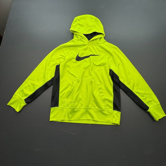Nike Therma-Fit Hoodie Kids Medium Neon Green Black Pullover Athletic Sweatshirt - Picture 1 of 8
